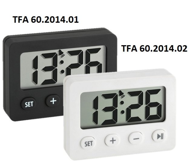 TFA 60.2014.02 digitální budík se stopkami a časovačem.jpg bílé a černé provedení