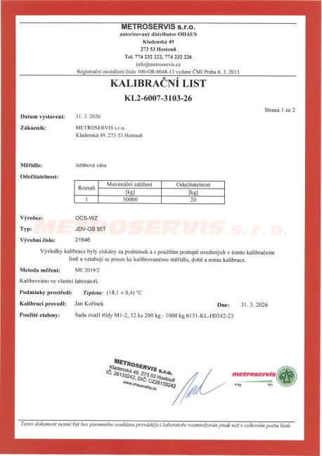Kalibrace jeřábových vah do 50 tun