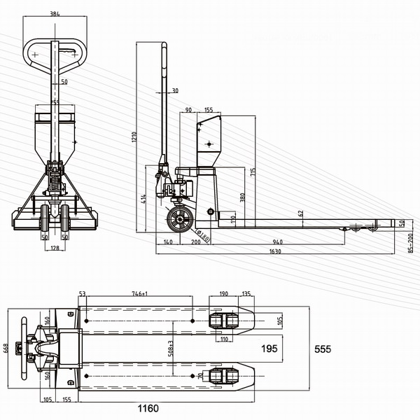 TPS-I M, 2 t/ 1 kg,  Paletový vozík s tiskárnou 555mm x 1160 mm